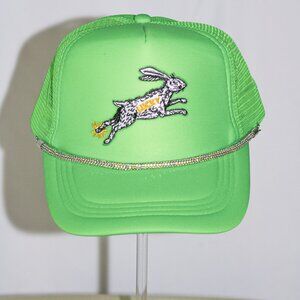 Bright green "Lucky Rabbit" trucker hat with hat jewelry